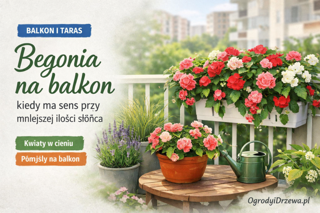 Begonia na balkonie w jasnym półcieniu — roślina w donicy przy balustradzie