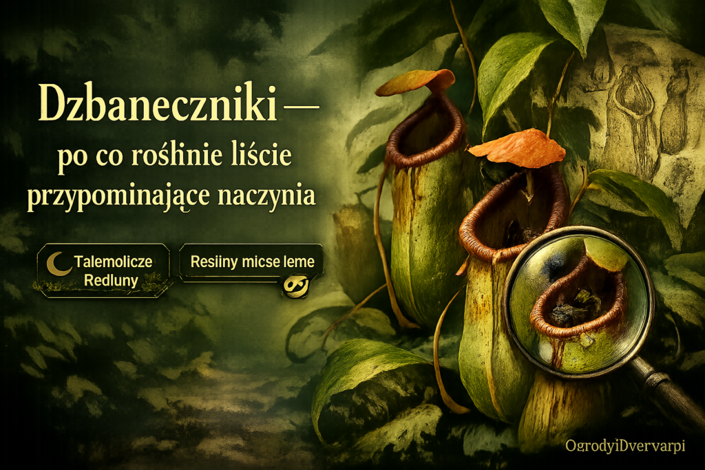 Dzbanecznik – liść z dzbankowatą pułapką i pokrywką w naturalnym świetle