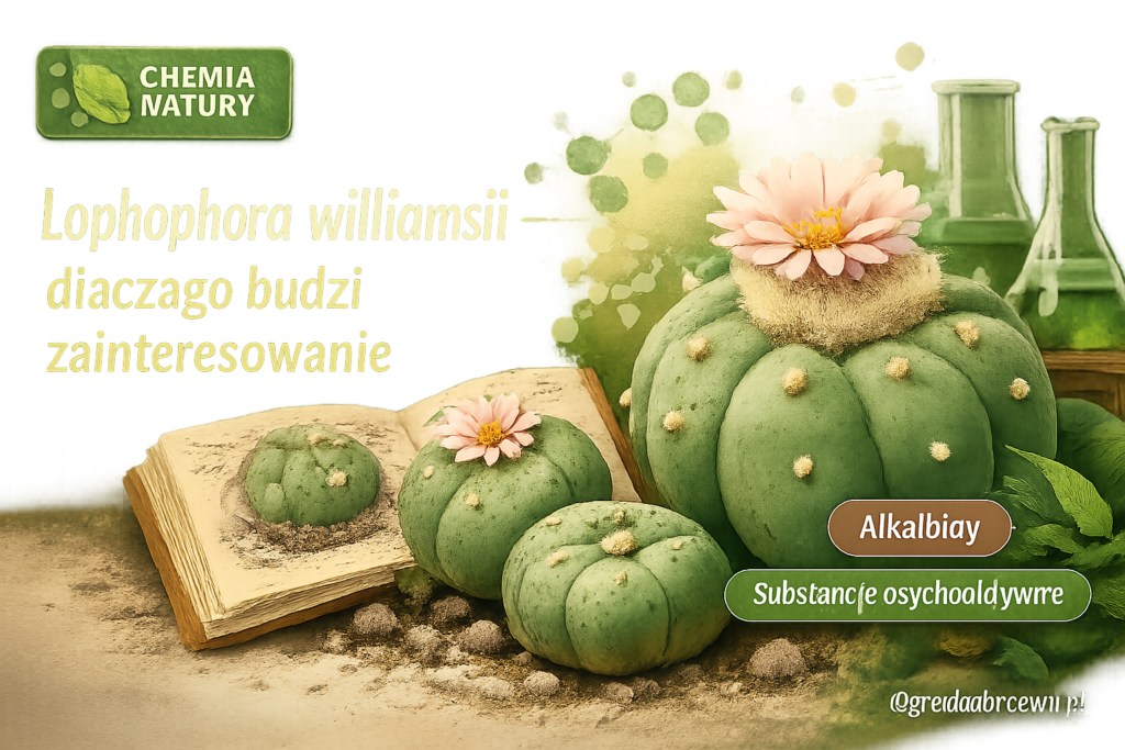 Lophophora williamsii — mały kaktus pustynny o kulistym pokroju w jasnym, naturalnym ujęciu