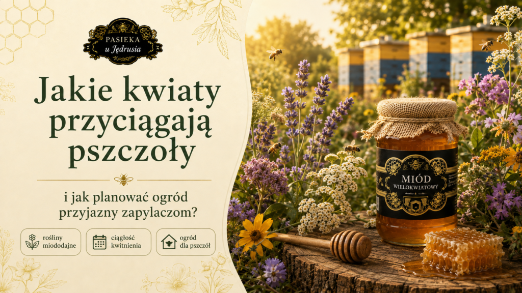 Kwiaty przyjazne pszczołom i słoik miodu na rustykalnym stole przy ulach